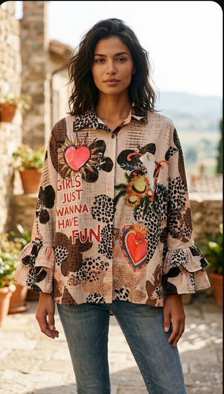 L716 | Loowie Zebra Hearts Printed Shirt | Ruffle Sleeve | Beige | One Size S-L
